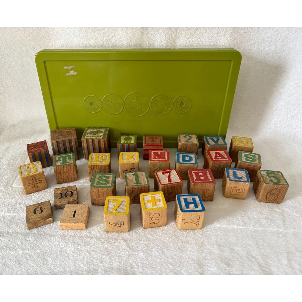 Vintage Wooden Blocks & Storage Container
